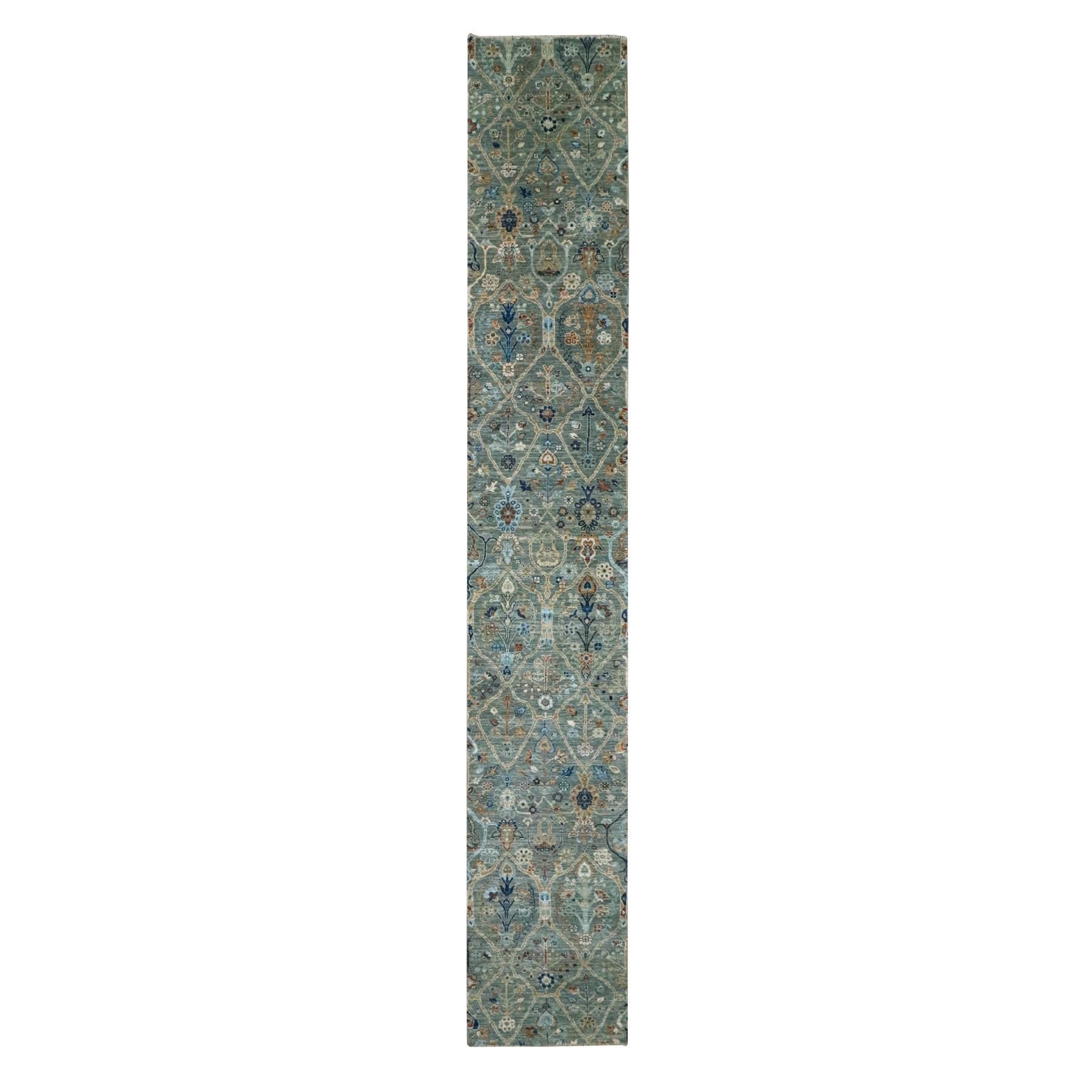 Sage Green, Hand Spun New Zealand Wool, Trellis Borderless Garden Design, Agra, Hand Knotted, 
Narrow and XL Runner, Oriental Rug